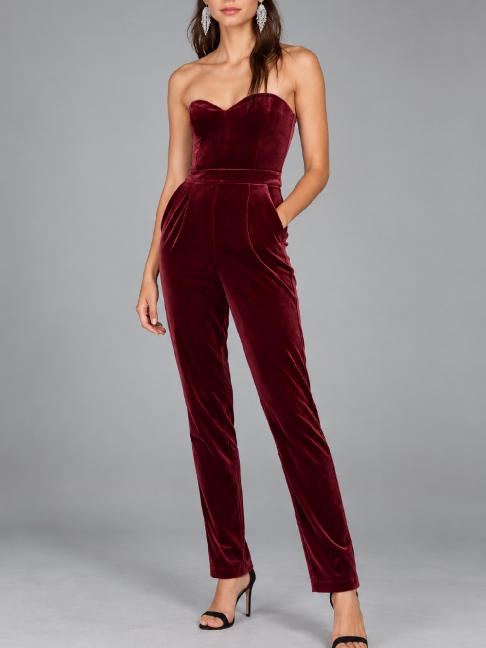 Express Burgundy Velvet Strapless Sweetheart Jumpsuit Size 0